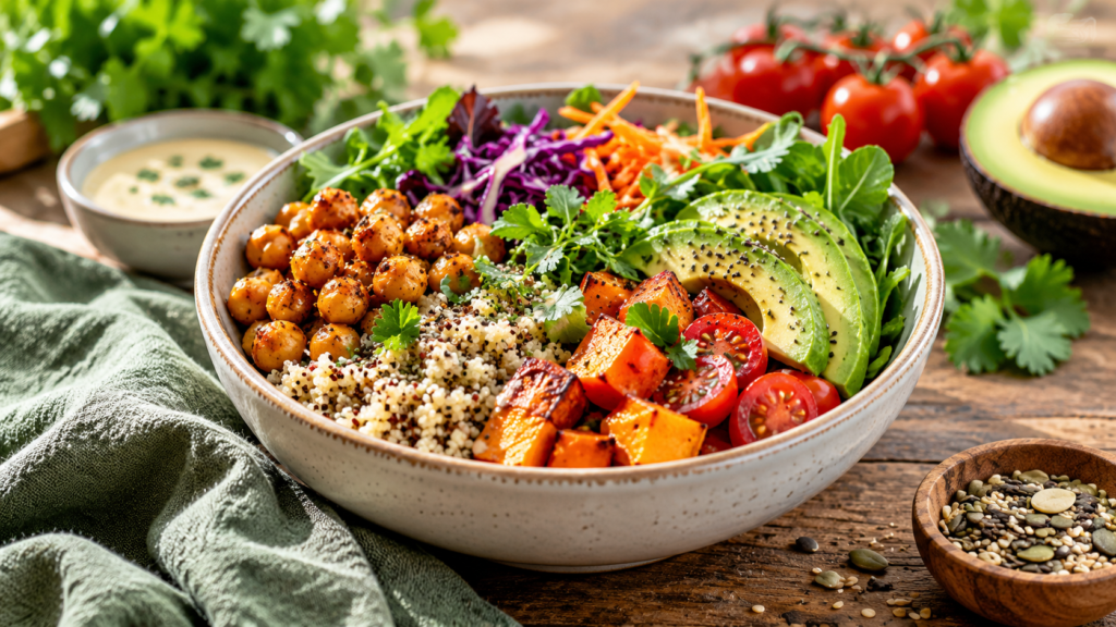 A colourful vegan and gluten-free bowl with chickpeas, quinoa, avocado and roasted vegetables.